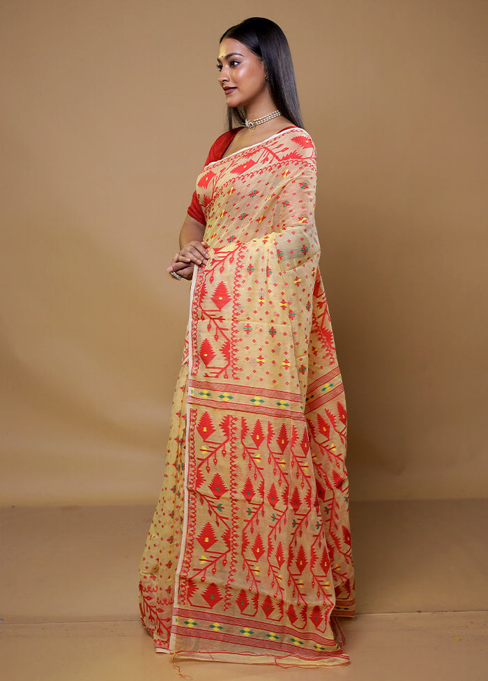 Cream Tant Jamdani Saree Without Blouse Piece