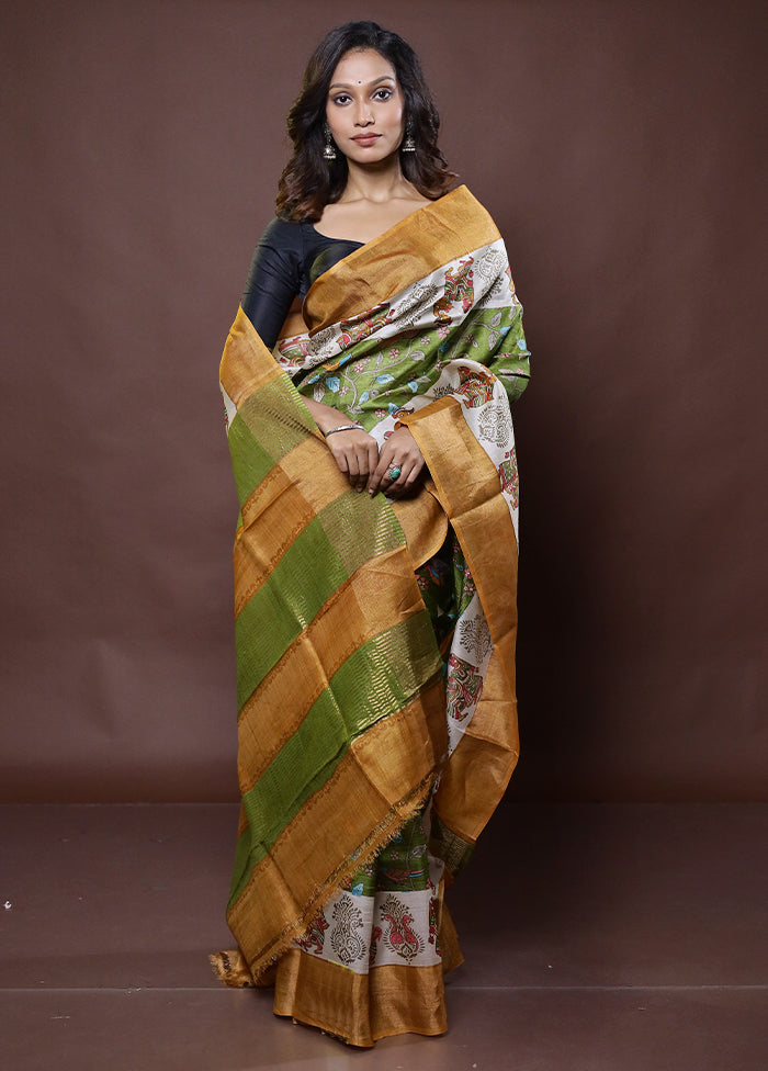 Green Tussar Silk Saree With Blouse Piece