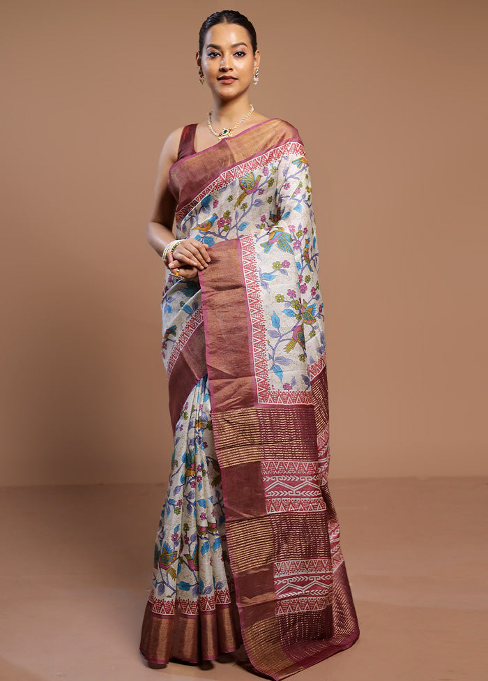 Cream Tussar Silk Saree With Blouse Piece