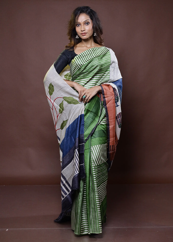 Cream Handloom Tussar Pure Silk Saree With Blouse Piece