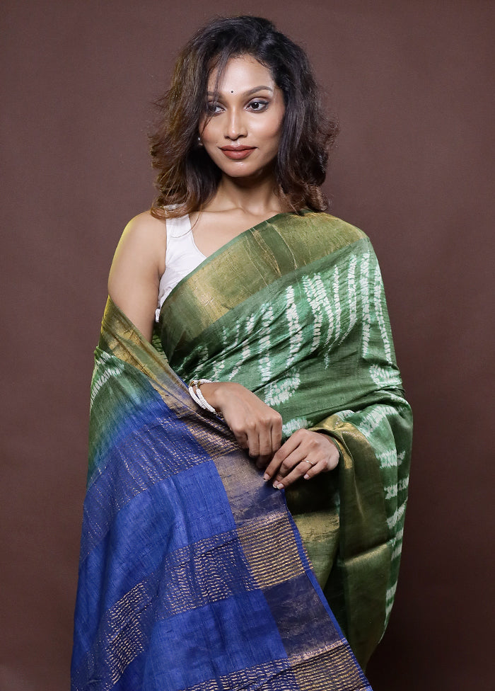 Green Handloom Tussar Pure Silk Saree With Blouse Piece