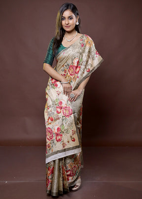 Cream Handloom Tussar Pure Silk Saree With Blouse Piece