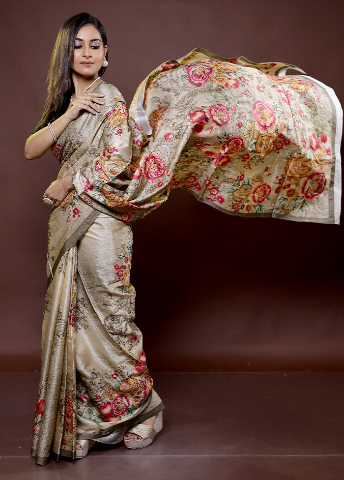 Cream Handloom Tussar Pure Silk Saree With Blouse Piece