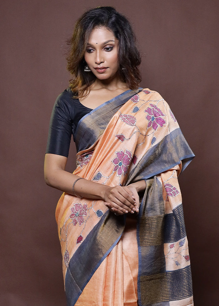 Peach Handloom Tussar Pure Silk Saree With Blouse Piece