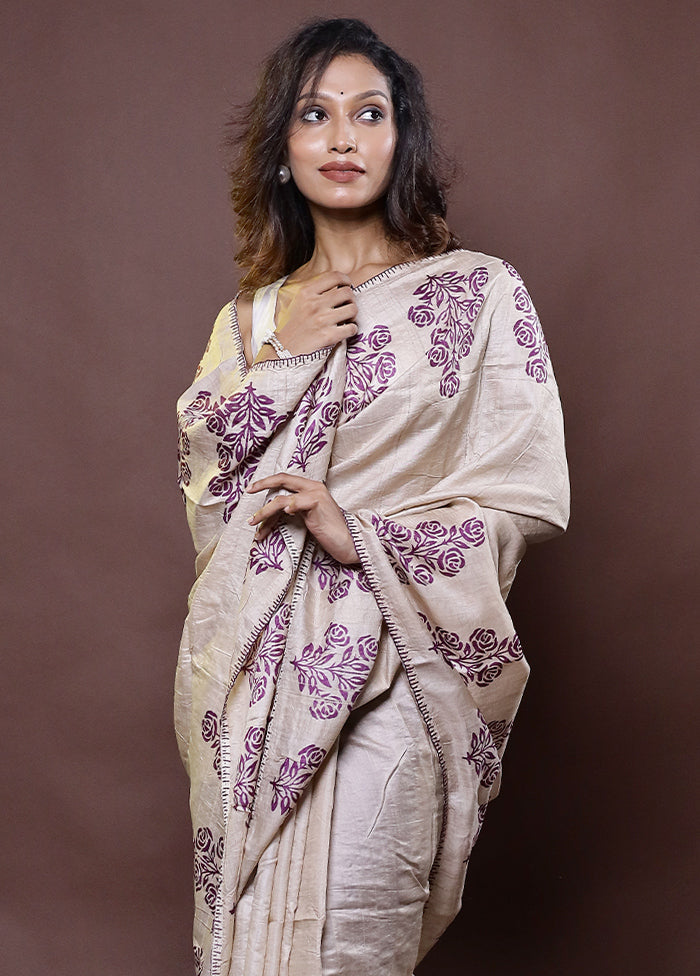 Cream Handloom Tussar Pure Silk Saree With Blouse Piece