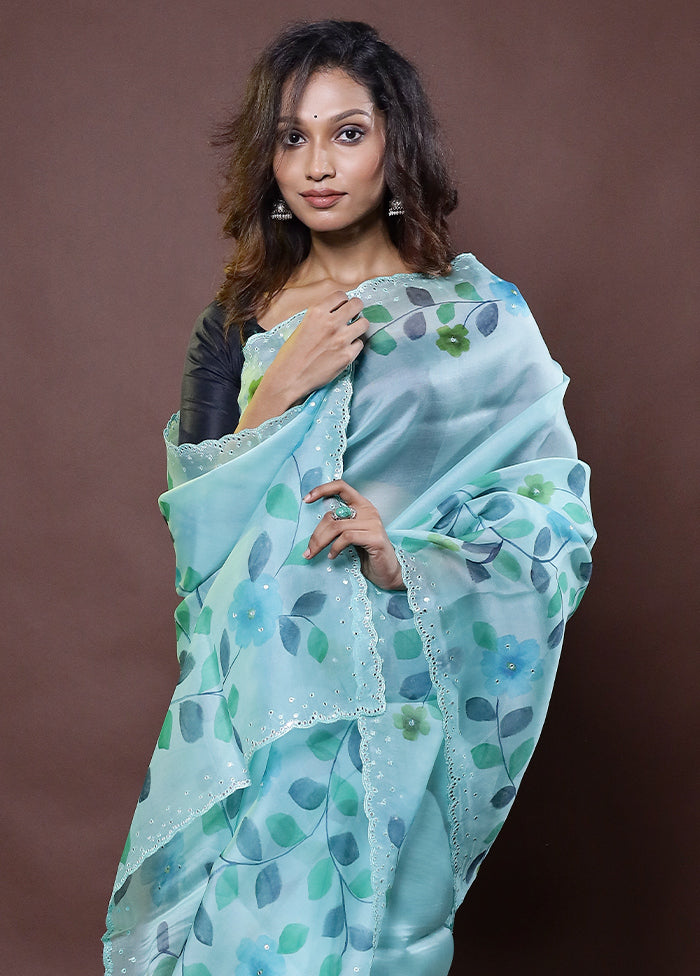 Blue Handloom Pure Organza Saree With Blouse Piece