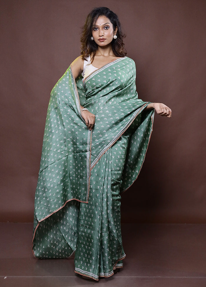 Green Handloom Tussar Pure Silk Saree With Blouse Piece