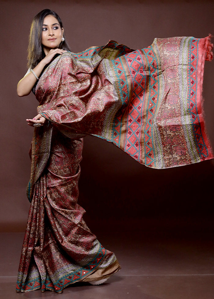 Brown Handloom Tussar Pure Silk Saree With Blouse Piece