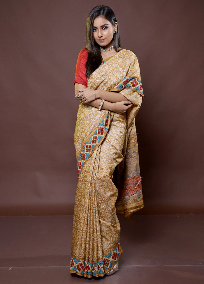 Brown Handloom Tussar Pure Silk Saree With Blouse Piece