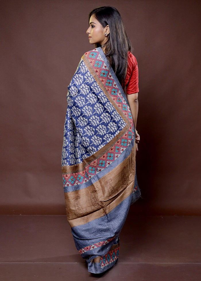 Blue Handloom Tussar Pure Silk Saree With Blouse Piece