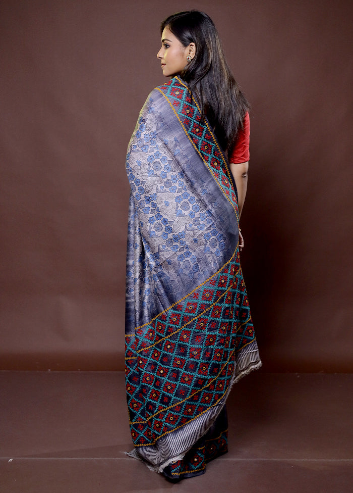 Grey Handloom Tussar Pure Silk Saree With Blouse Piece