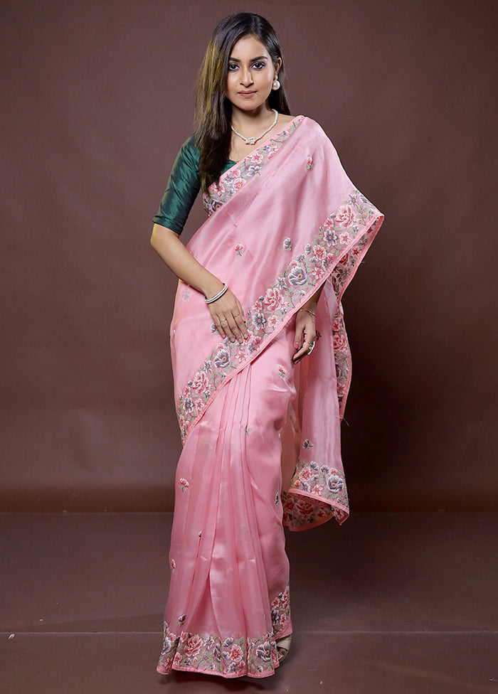 Pink Handloom Pure Organza Saree With Blouse Piece