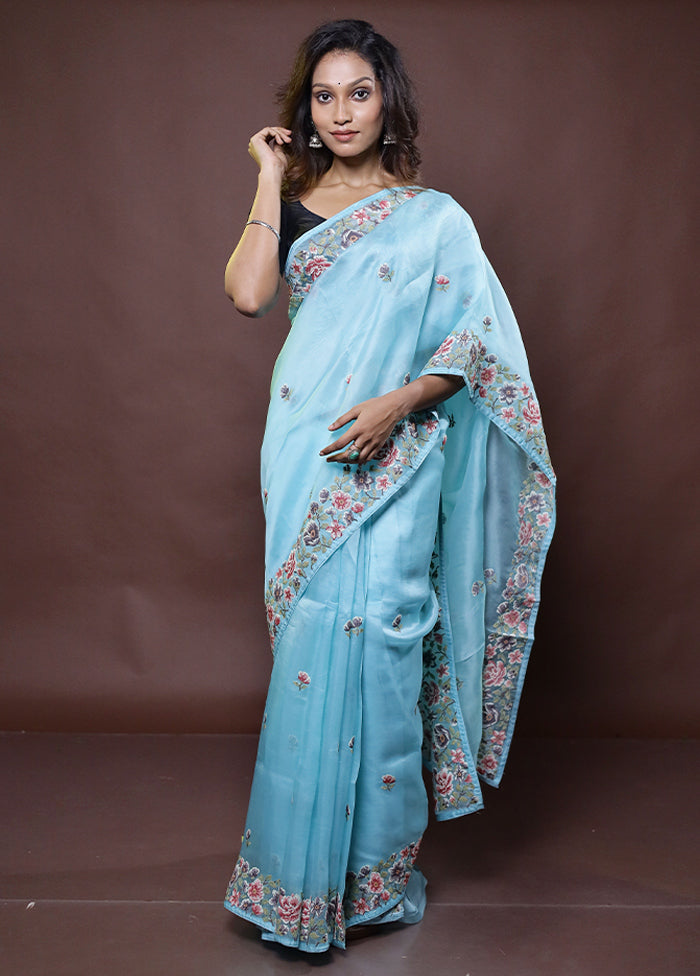 Blue Handloom Pure Organza Saree With Blouse Piece