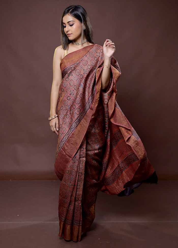 Brown Handloom Tussar Pure Silk Saree With Blouse Piece