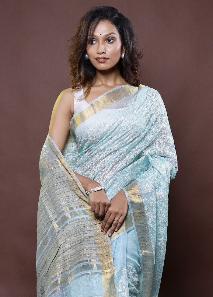 Blue Handloom Pure Kota Cotton Saree With Blouse Piece