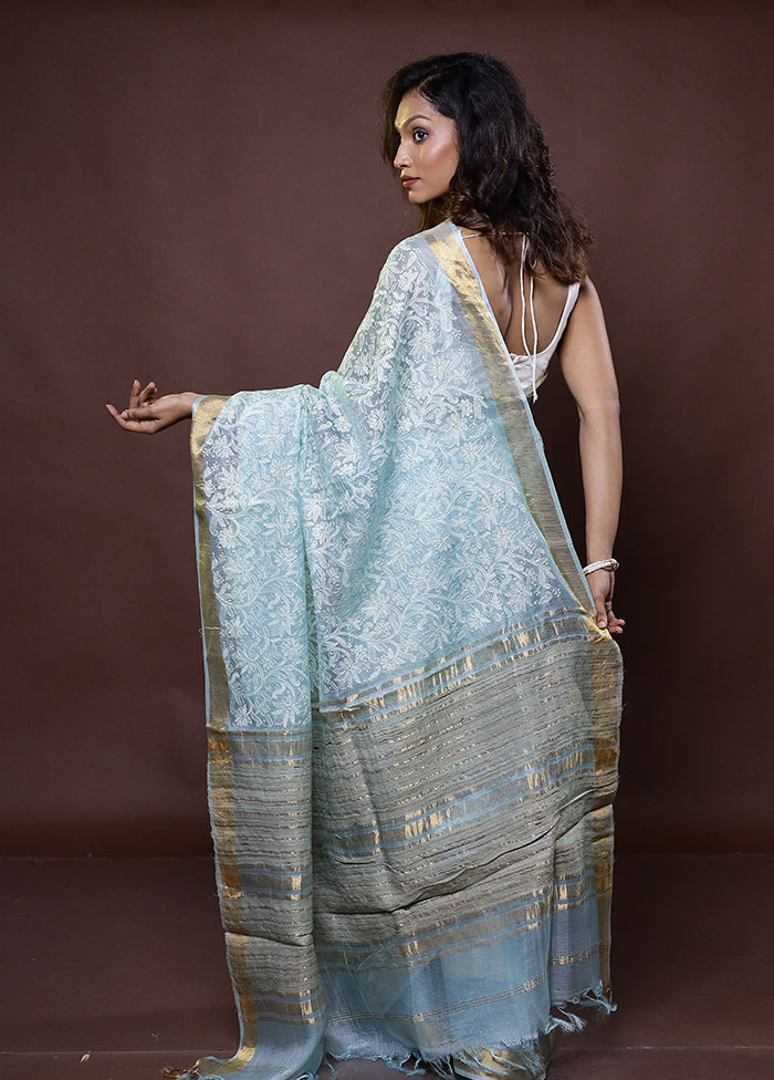 Blue Handloom Pure Kota Cotton Saree With Blouse Piece