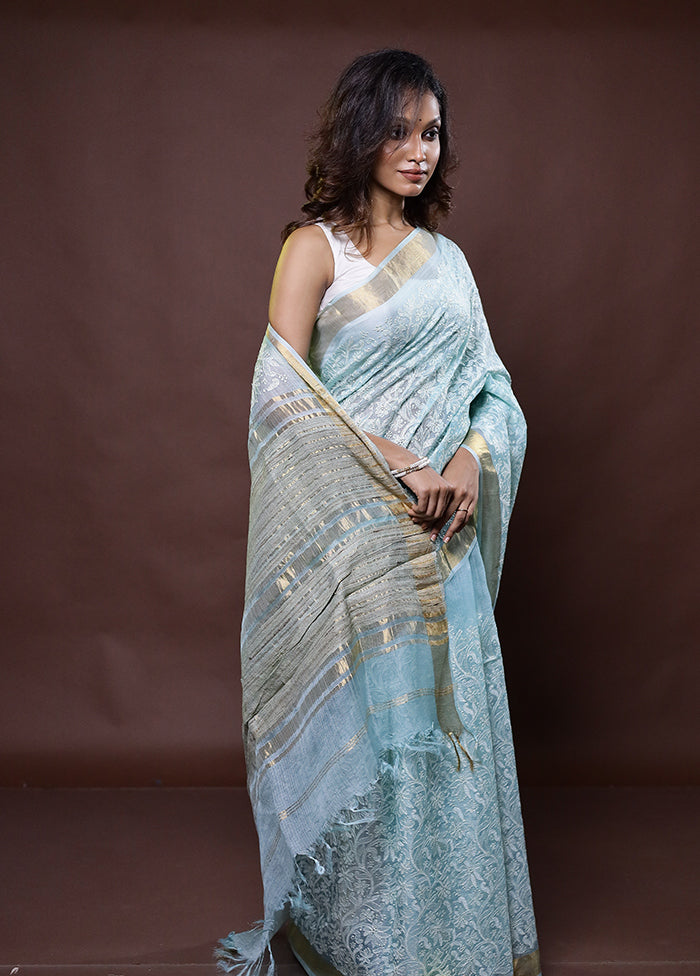 Blue Handloom Pure Kota Cotton Saree With Blouse Piece