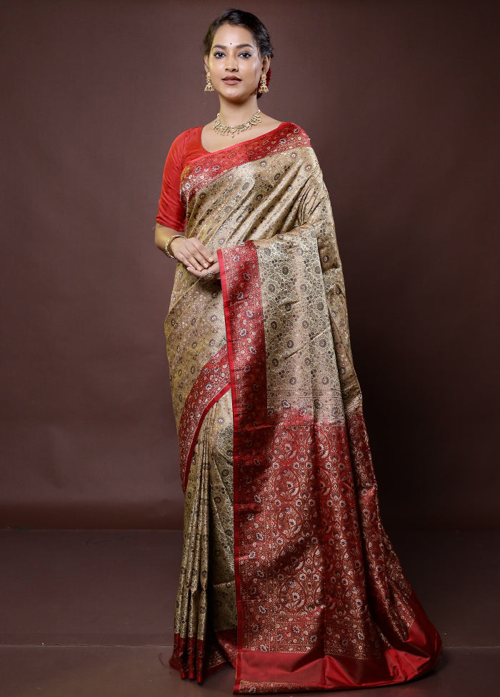 Cream Handloom Jamewar Pure Silk Saree With Blouse Piece