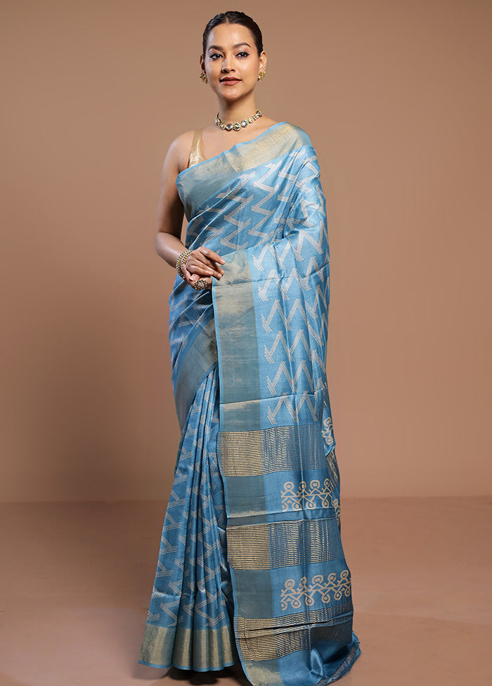 Blue Tussar Silk Saree With Blouse Piece