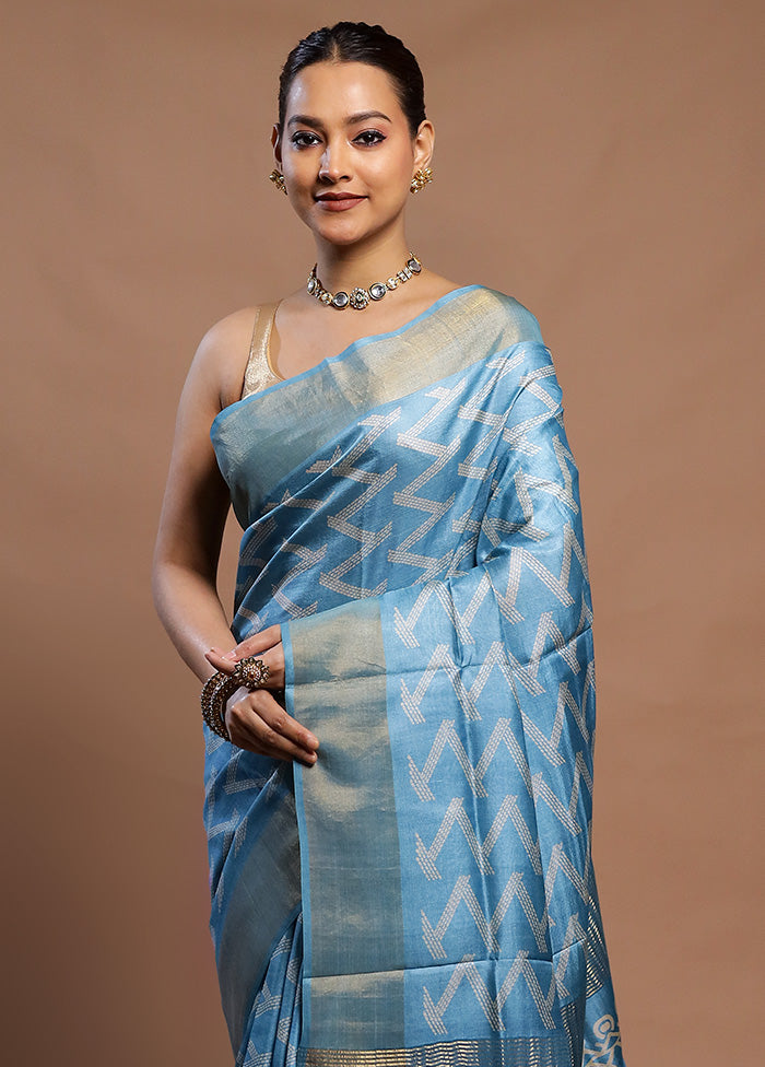 Blue Tussar Silk Saree With Blouse Piece