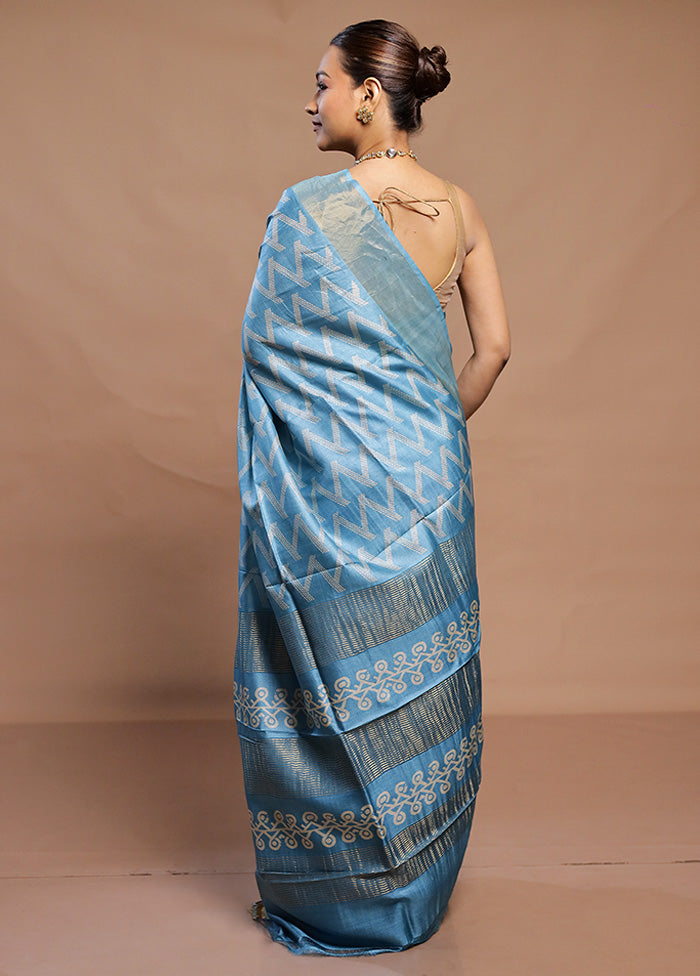 Blue Tussar Silk Saree With Blouse Piece