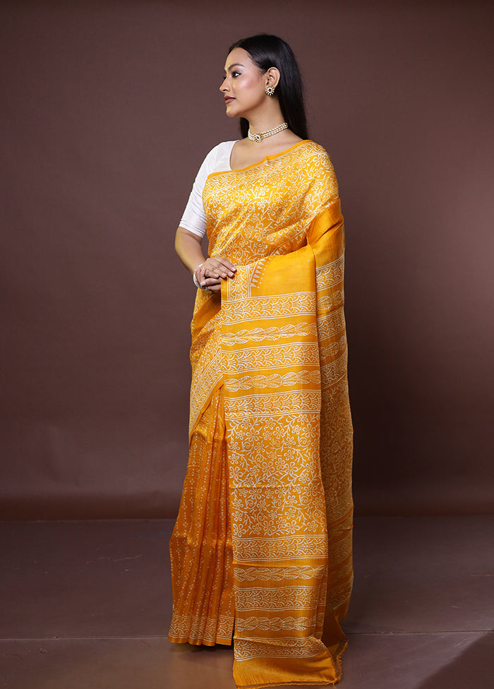 Yellow Printed Pure Silk Saree Without Blouse Piece