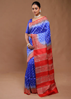 Blue Printed Pure Silk Saree Without Blouse Piece