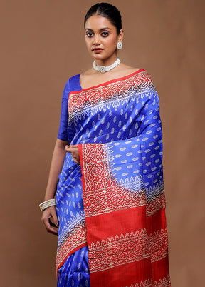 Blue Printed Pure Silk Saree Without Blouse Piece