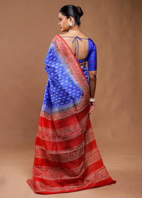 Blue Printed Pure Silk Saree Without Blouse Piece