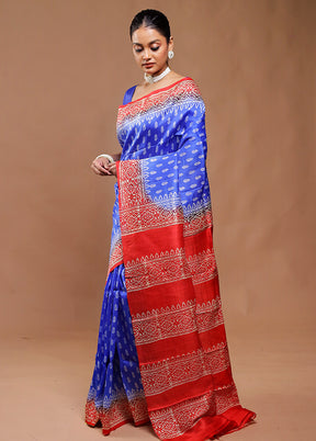 Blue Printed Pure Silk Saree Without Blouse Piece