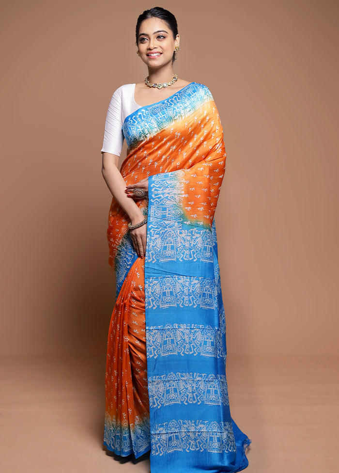 Orange Printed Pure Silk Saree Without Blouse Piece