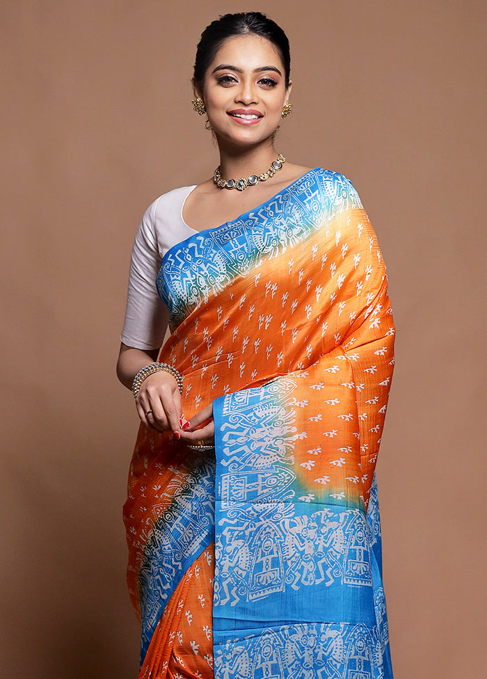 Orange Printed Pure Silk Saree Without Blouse Piece