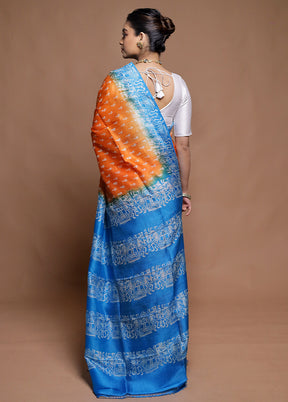 Orange Printed Pure Silk Saree Without Blouse Piece