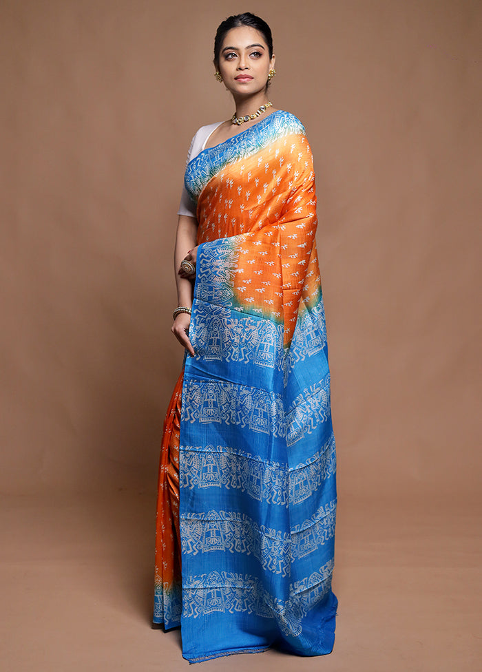 Orange Printed Pure Silk Saree Without Blouse Piece