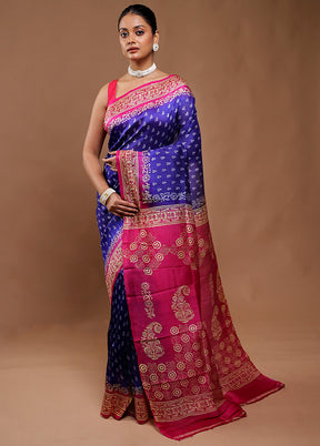 Blue Printed Pure Silk Saree Without Blouse Piece