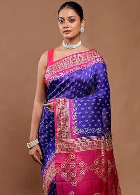 Blue Printed Pure Silk Saree Without Blouse Piece