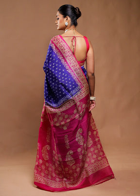 Blue Printed Pure Silk Saree Without Blouse Piece