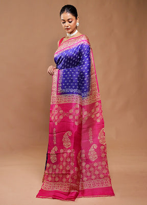 Blue Printed Pure Silk Saree Without Blouse Piece