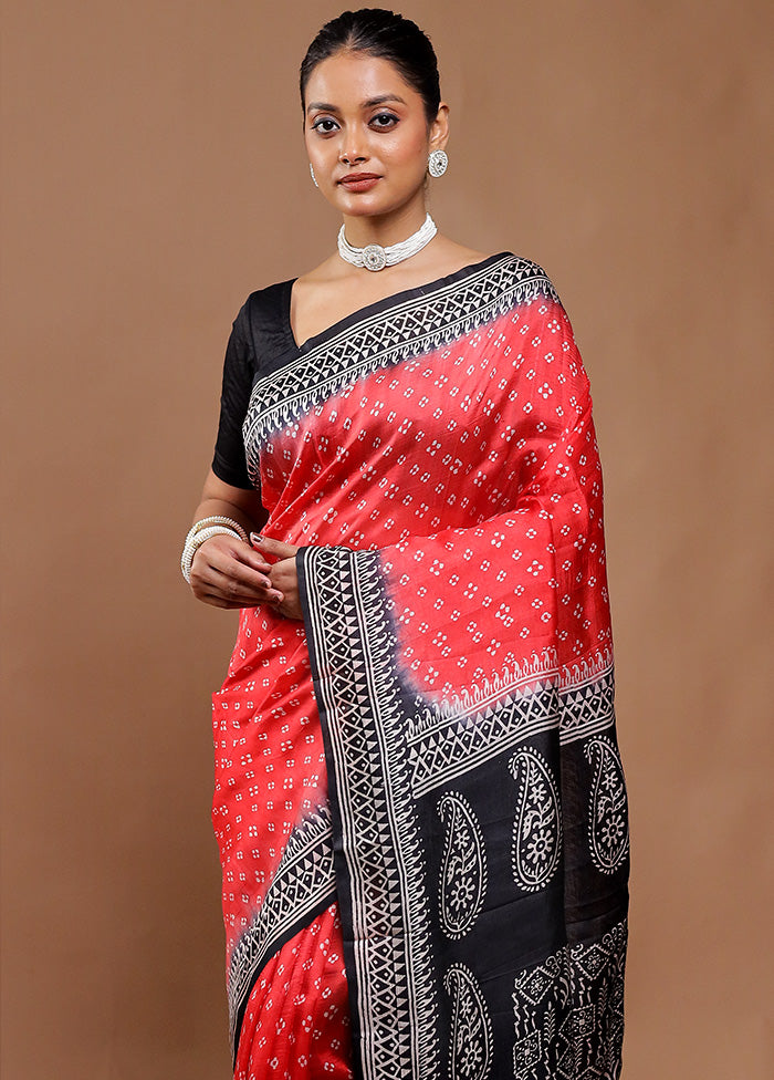 Red Printed Pure Silk Saree Without Blouse Piece