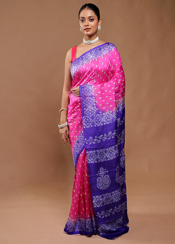 Pink Printed Pure Silk Saree Without Blouse Piece