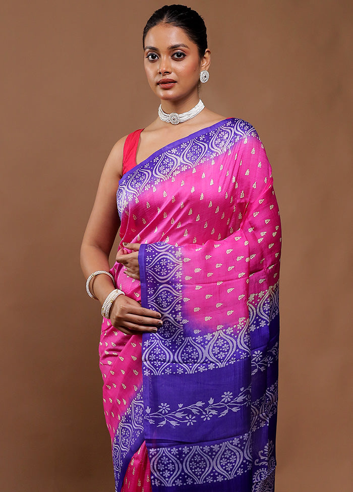 Pink Printed Pure Silk Saree Without Blouse Piece