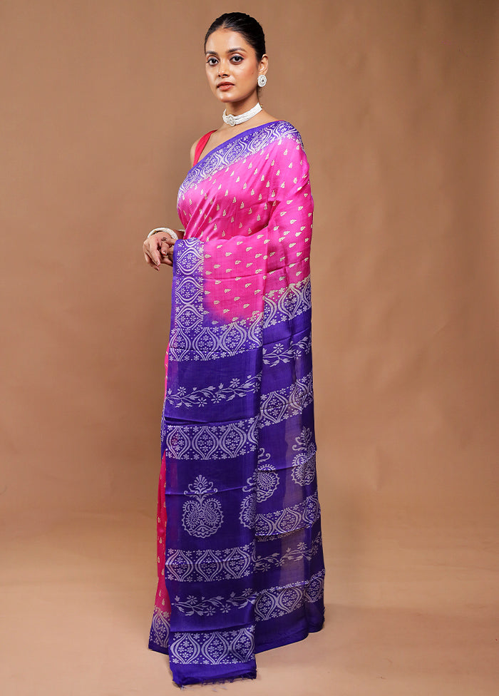 Pink Printed Pure Silk Saree Without Blouse Piece