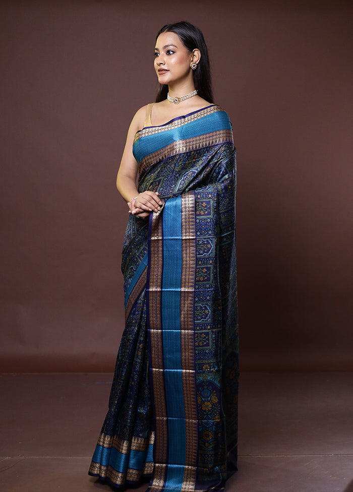 Blue Printed Pure Silk Saree Without Blouse Piece