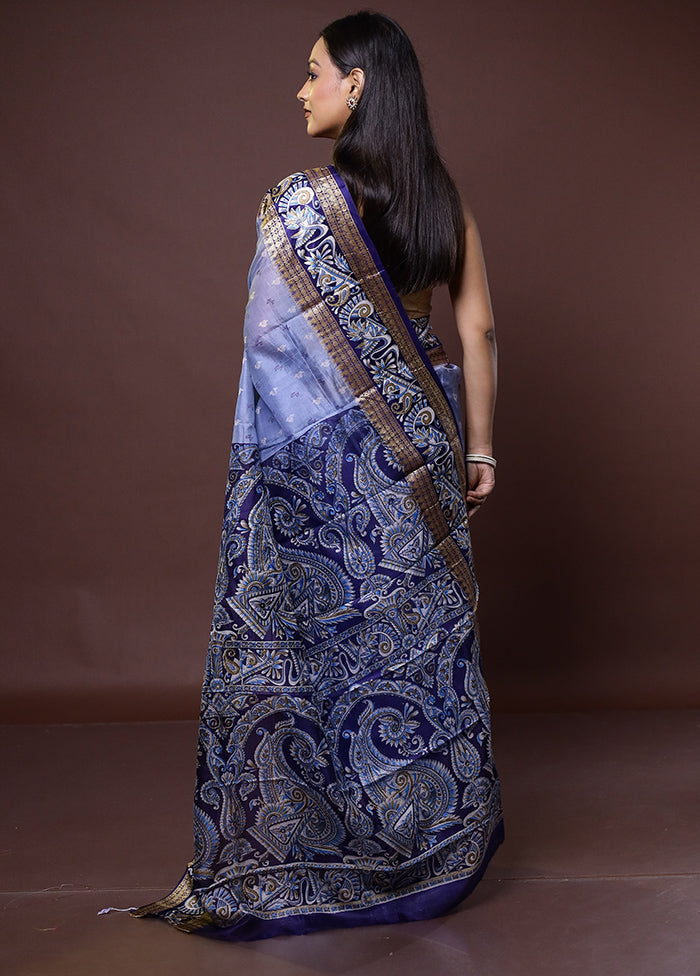 Blue Printed Pure Silk Saree Without Blouse Piece