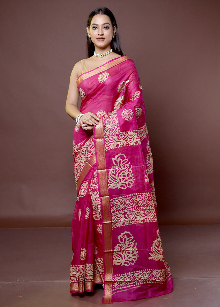 Pink Printed Pure Silk Saree Without Blouse Piece