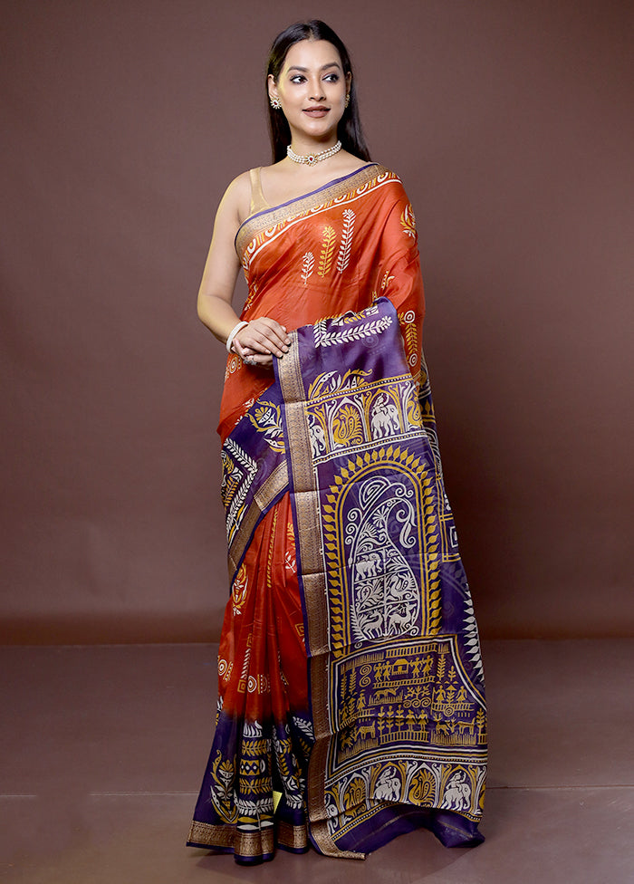 Red Printed Pure Silk Saree Without Blouse Piece