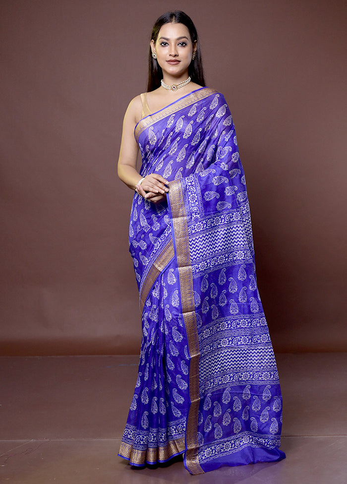 Blue Printed Pure Silk Saree Without Blouse Piece