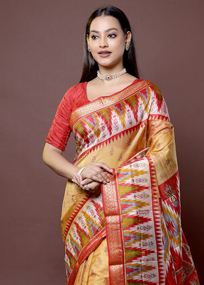 Yellow Printed Pure Silk Saree Without Blouse Piece