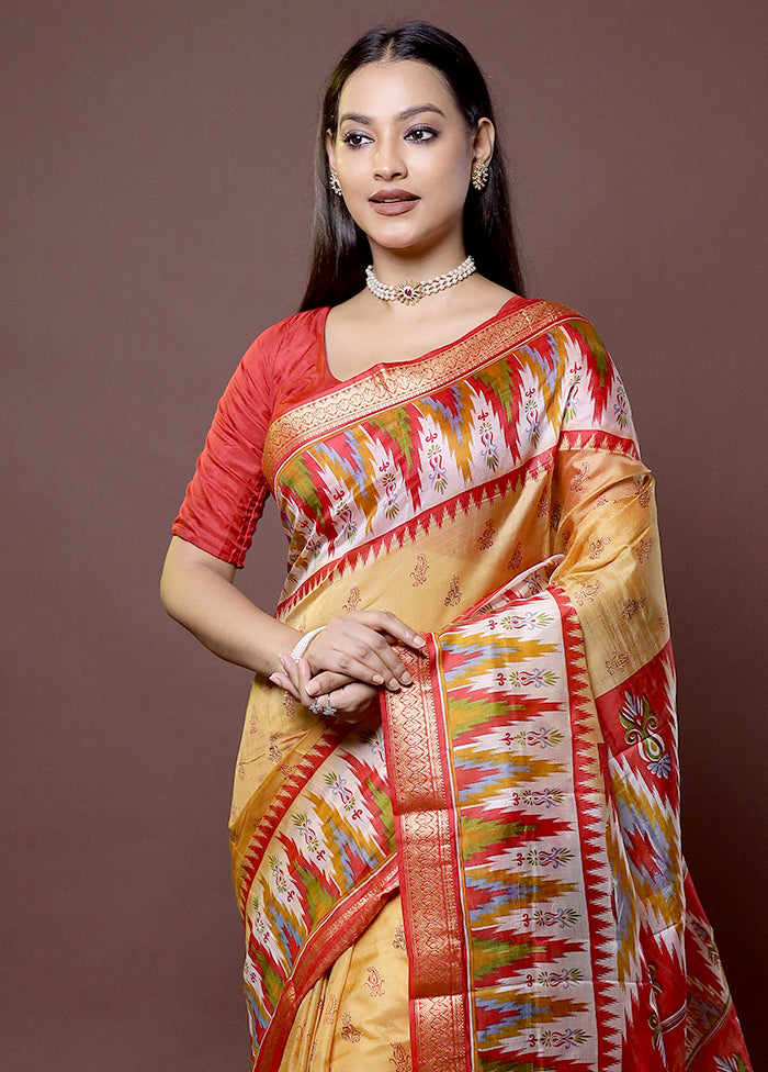 Yellow Printed Pure Silk Saree Without Blouse Piece