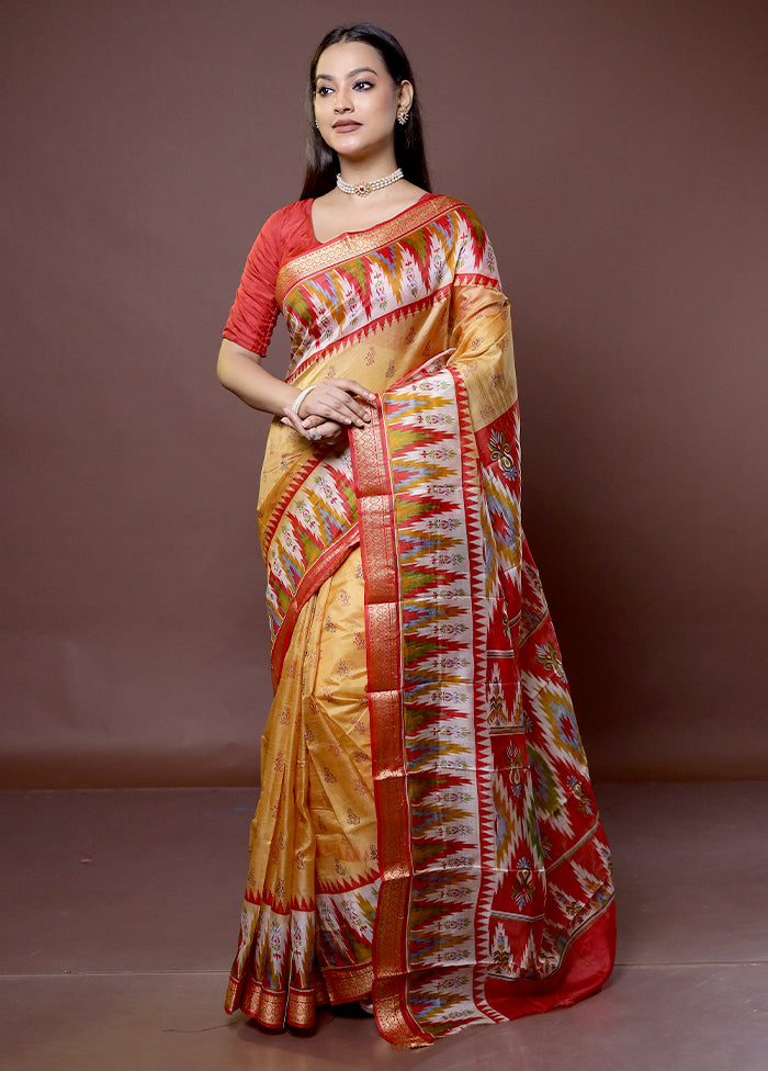 Yellow Printed Pure Silk Saree Without Blouse Piece